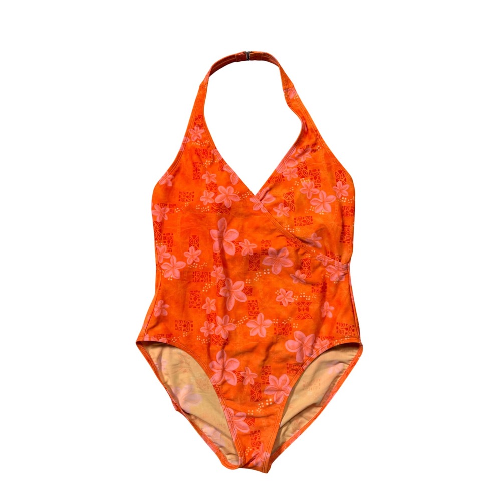 Vintage Carolina Blues Hawaiian Floral Halter One Piece‎ Swimsuit Orange